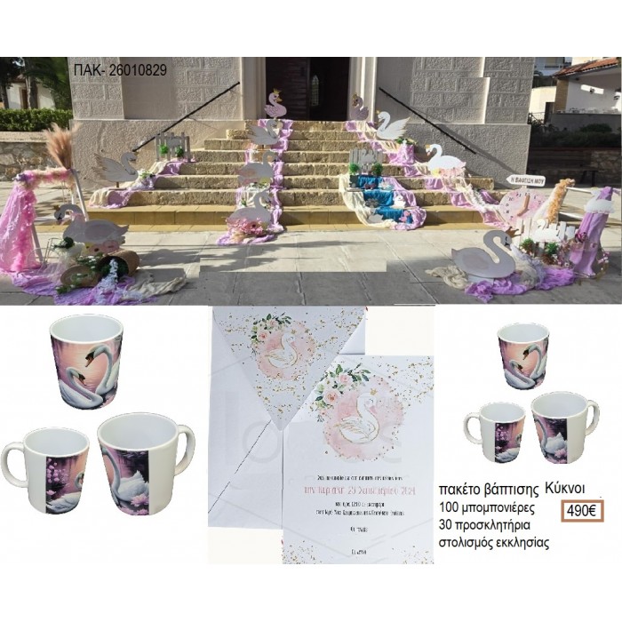 ΚΥΚΝΟΙ πακέτο βάπτισης 100 μπομπονιέρες 30 προσκλητήρια στολισμός εκκλησίας ΠΑΚ-26010829 490.00€!!!